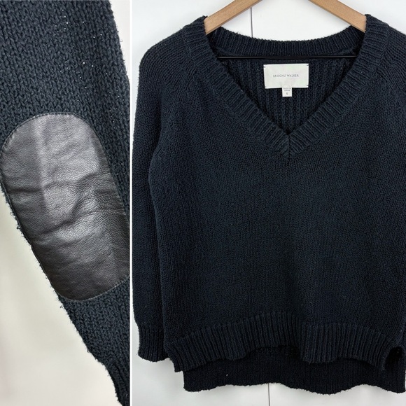 Brochu Walker Sweaters - Brochu Walker Leather Elbow Patch Cotton V Neck Sweater Chunky Knit Black Small